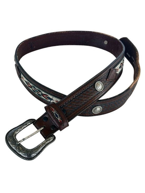 Wrangler Other - Vintage Wrangler Western Aztec Southwestern Brown Leather Belt Handmade Size 38